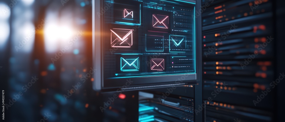 Poster a futuristic server displaying digital emails, showcasing technology and communication in a modern d