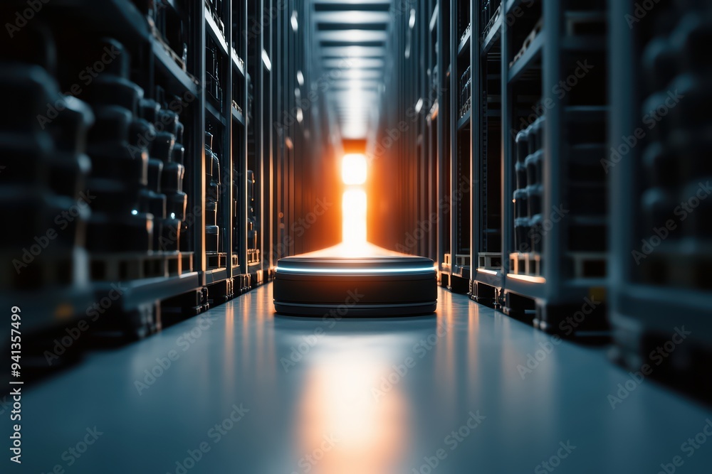 Poster a futuristic warehouse with an autonomous robot navigating through aisles stacked with goods, illumi
