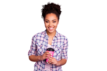 Portrait of charming cute freelancer have free time weekends holidays chill mug beverage latte cappuccino take out take away dressed checked shirt isolated on purple background