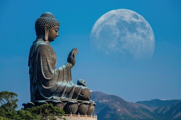 Fototapeta premium A large statue of Buddha sits serenely under the light of a full moon, creating a peaceful and contemplative atmosphere