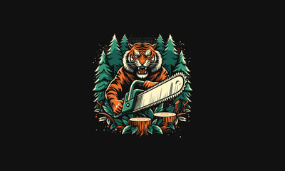 tiger holding saw on forest vector illustration flat design