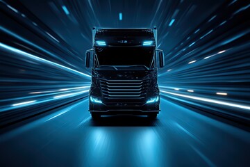 A futuristic truck racing through a vibrant blue light trail, symbolizing speed, innovation, and advanced transport technology.