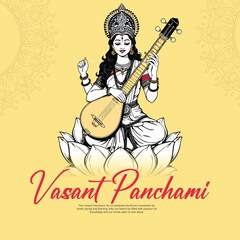 Happy vasant panchami with goddess saraswati social media post banner template