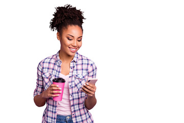 Portrait focused interested student hipster beautiful chill use user device gadget read news feed communicate video call casual checked stylish trendy shirt top-knot bun isolated purple background