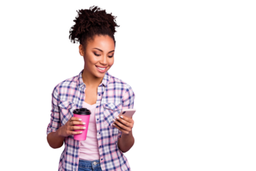 Portrait focused interested student hipster beautiful chill use user device gadget read news feed communicate video call casual checked stylish trendy shirt top-knot bun isolated purple background