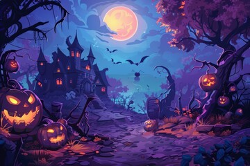 Scary Halloween landscape. Dark forest at night with a haunted house and spooky pumpkins. Halloween season, lonely house or castle, horror concept. Bats in the sky at full moon.
