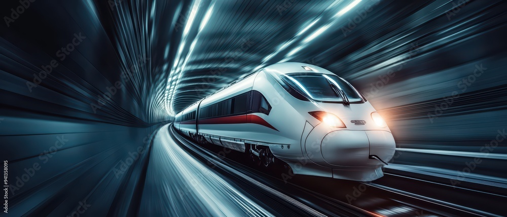 Poster a high-speed train moves swiftly through a modern tunnel, showcasing advanced design and technology 