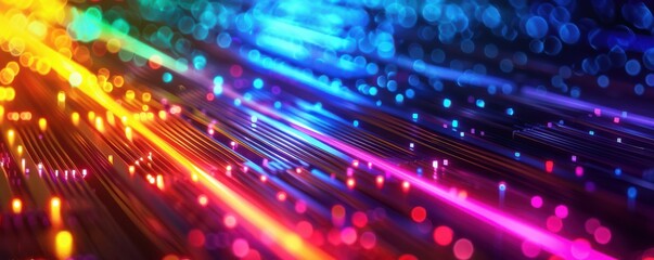 Fototapeta premium Optic cables in vibrant rainbow colors, glowing bokeh lights. Free copy space for text.