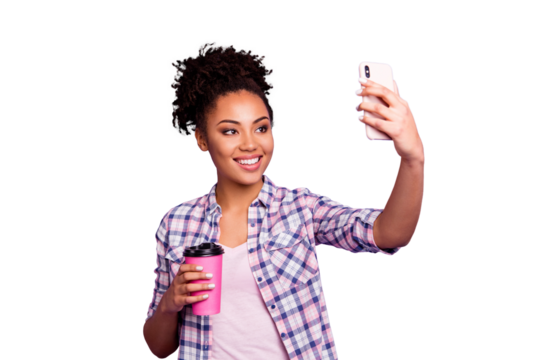 Portrait positive cheerful satisfied lady top-knot use gadget blog blogger make photo video call have rest hold hand mug beverage wear trendy stylish checkered shirt isolated purple background