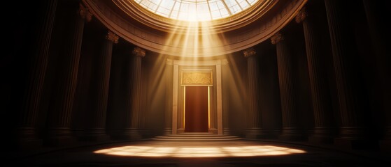 Obraz premium A majestic interior with dramatic lighting illuminating a grand doorway, creating an atmosphere of mystery and reverence.