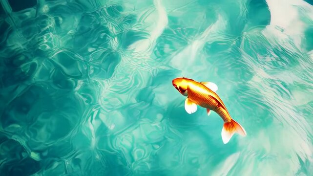 Golden koi fish swimming in clear turquoise water with abstract ripple reflections creating a tranquil scene
