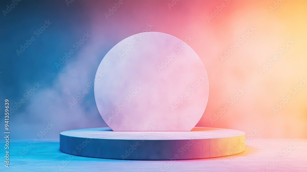 Poster a modern display pedestal with a circular design, surrounded by colorful lighting effects and soft f