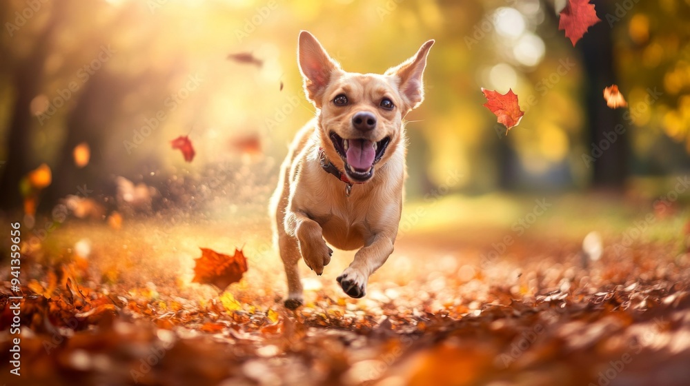 Poster a dog running energetically through an autumn park, with fallen leaves creating a vibrant and dynami