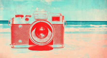 Vintage camera by the beach, capturing memories in a retro color palette. Perfect for photography and travel enthusiasts.