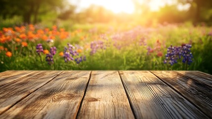 Wooden Plank Tabletop with Blurred Floral Background and Sunlight