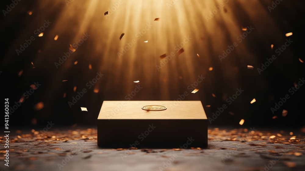 Poster a mysterious golden box illuminated by rays of light, surrounded by shimmering particles, symbolizin