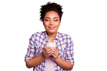 Portrait of satisfied charming lady people take mug hot beverage have weekend free time holidays wear checkered shirt top-knot isolated on purple background