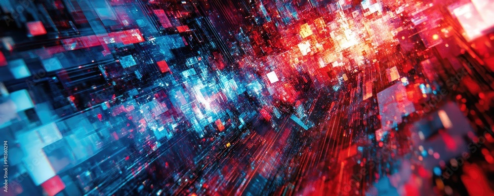 Poster vibrant abstract background with dynamic light streaks in red and blue, representing digital technol
