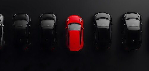 Top-down view of a red car driving alone, surrounded by parked silver and gray cars, highlighting individuality and motion in a structured setting.