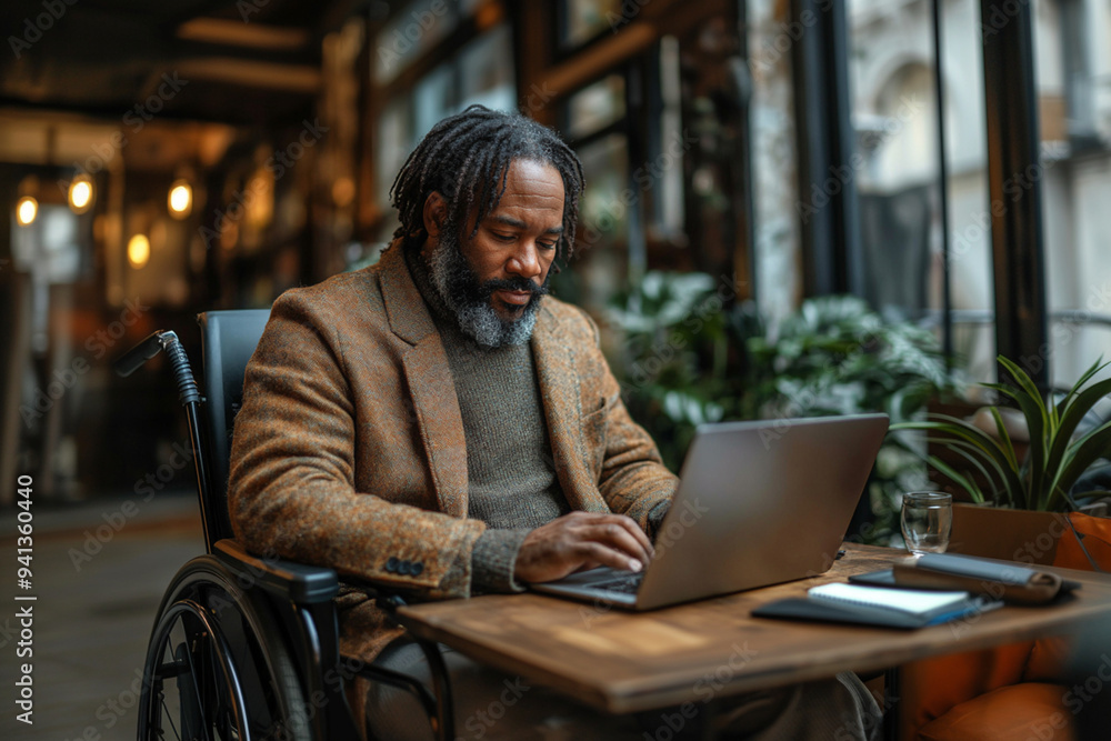 Wall mural Focused black disabled man in wheelchair working with documents, using laptop at home office. Handicapped Afro man sitting at desk with computer, checking financial reports. 