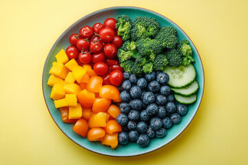 A plate divided into portions for carbs, protein, and vegetables, isolated on a pastel yellow background, representing balanced meals,