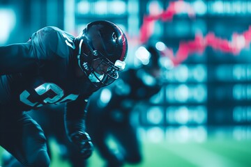 Dynamic illustration of an American football player in motion with abstract digital elements, symbolizing the fusion of sports and technology.