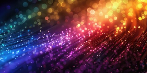 Naklejka premium Optic cables in vibrant rainbow colors, glowing bokeh lights. Free copy space for text.