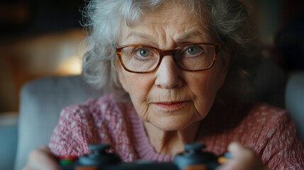 An elderly woman focused on her game controller. By focusing on completing challenging levels with determination.