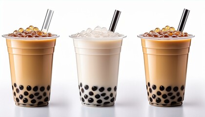 Set of bubble milk tea in cup with black tapioca