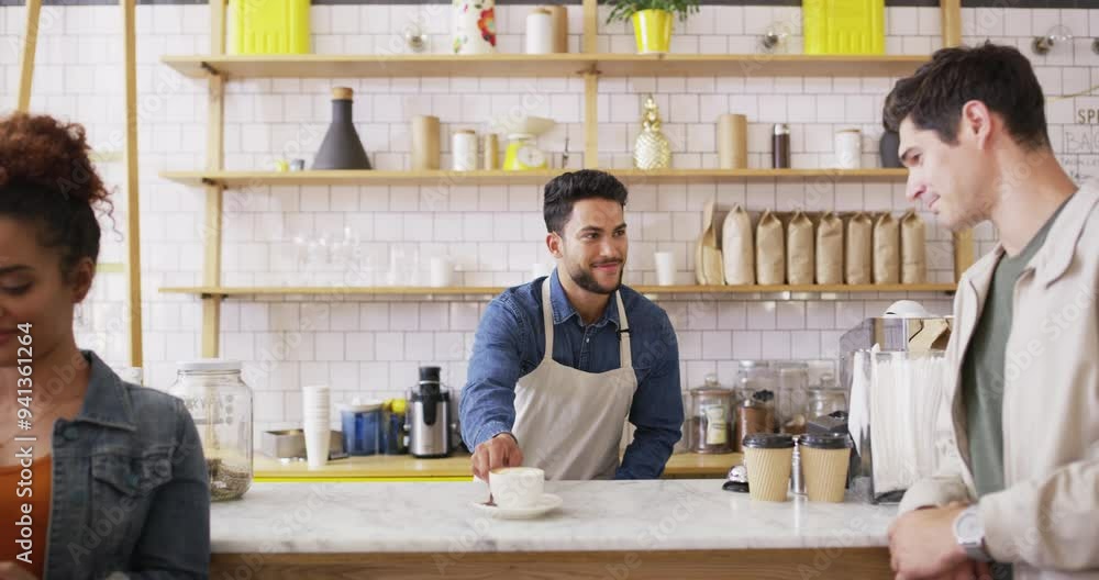 Wall mural Man, coffee shop and barista serving cappuccino with arms crossed cafe and startup. Service, business owner and working with customers, worker and apron for restaurant, beverage and male waitress