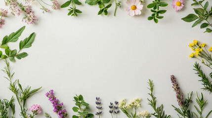 Naklejka premium Fresh flowers and herbs arranged beautifully on light background evoke sense of tranquility and natural beauty.