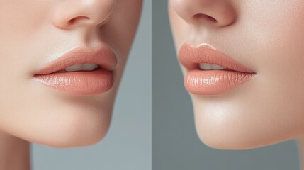 Obraz premium Before and after using lip balm. Close-up photos of a woman's lips on a gray background form a collage. 