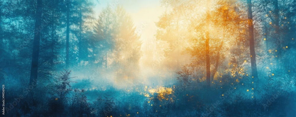 Aufkleber mysterious forest scene with soft light filtering through trees, creating a serene atmosphere for na