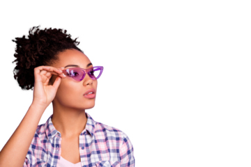 Portrait of magnificent fabulous lady touch specs feel confident cool independent freedom flirt flirty dressed modern spring clothing isolated on purple background