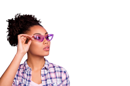 Portrait of magnificent fabulous lady touch specs feel confident cool independent freedom flirt flirty dressed modern spring clothing isolated on purple background