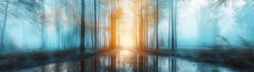 A serene forest scene with ethereal light penetrating through misty trees, creating a tranquil atmosphere.