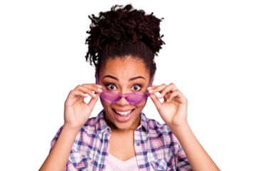 Close up photo of charming cute positive cheerful youth astonished impressed incredible news sale discount open mouth touch specs colorful dressed plaid clothing modern isolated on purple background