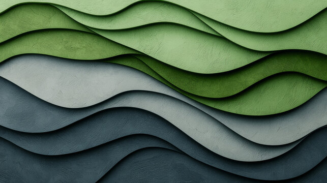 Textured waves in shades of green and gray create calming visual effect. layered design evokes sense of tranquility and harmony.