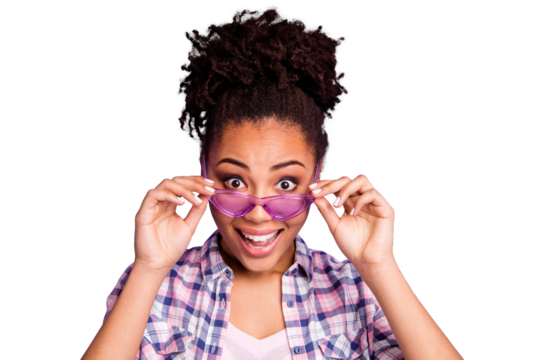 Close up photo of charming cute positive cheerful youth astonished impressed incredible news sale discount open mouth touch specs colorful dressed plaid clothing modern isolated on purple background