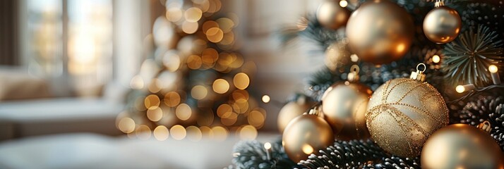 Golden ornaments glimmer on a beautifully decorated Christmas tree in a warmly lit living room during the holiday season. Generative AI