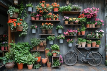 Colorful Potted Plants Display Against Rustic Wall with Whimsical Bicycle Planter