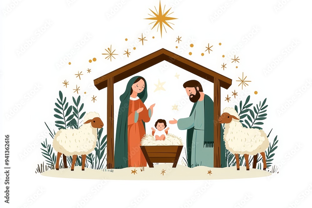 Wall mural mary and joseph stand beside their newborn, jesus, in a stable adorned with sheep and twinkling star