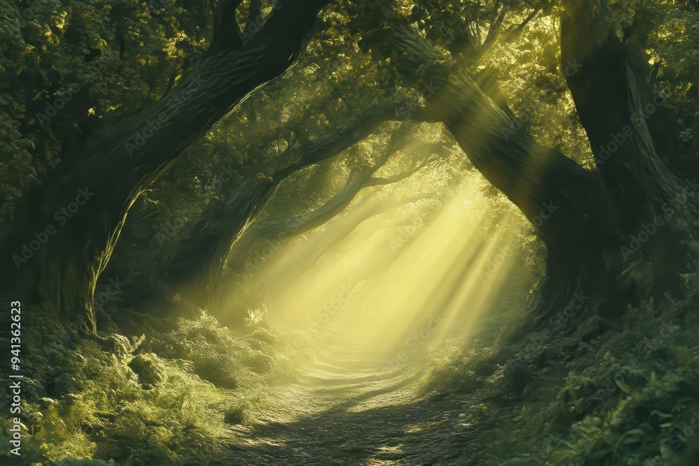 Poster a serene forest path illuminated by soft sunlight filtering through lush tree branches, creating a p
