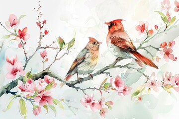 A pair of birds perched on a tree branch, serene and peaceful