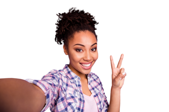 Close up photo of attractive sweet charming hipster youth summer travel make v-sign photo have weekends holidays top-knot wear stylish trendy plaid shirts isolated on purple background