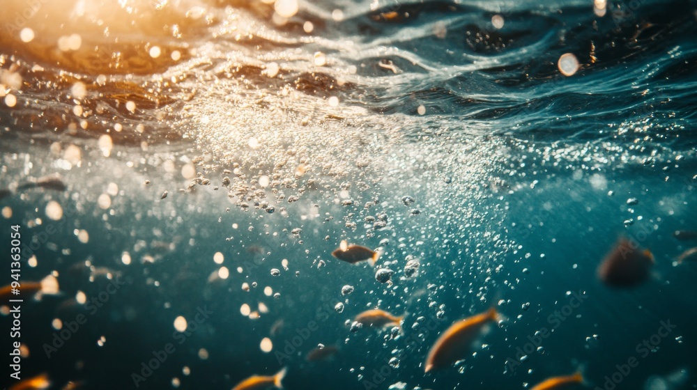 Poster a dynamic image of a school of fish swimming rapidly, with the water creating trails of bubbles and 