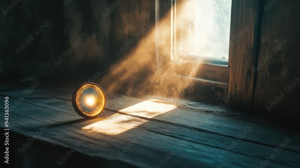 Poster a serene interior scene featuring a flashlight casting light beams through a window, creating a dram