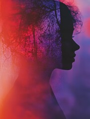 A serene silhouette of a woman is captured against a backdrop of abstract red and purple shades, evoking reflection on the experience of living with endometriosis.