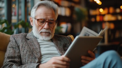 Obraz premium Senior man reads digital newspaper on tablet Stay informed and engage with the world through modern technology.