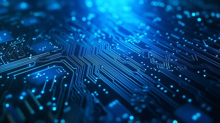 Blue circuit patterns form an abstract design on a high-tech circuit board. The blurry background evokes a sense of innovation and technological advancement in the fields of networking and computing. 